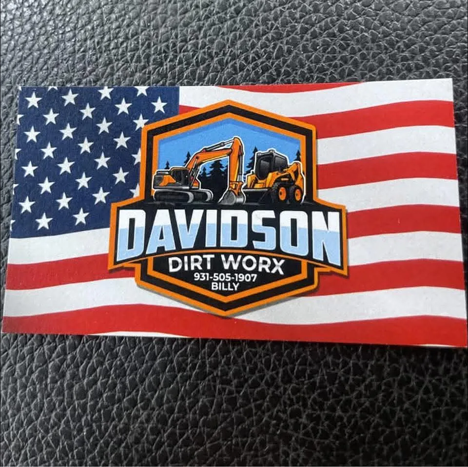 Davidson Dirt Worx business card with American flag background and hexagon badge logo